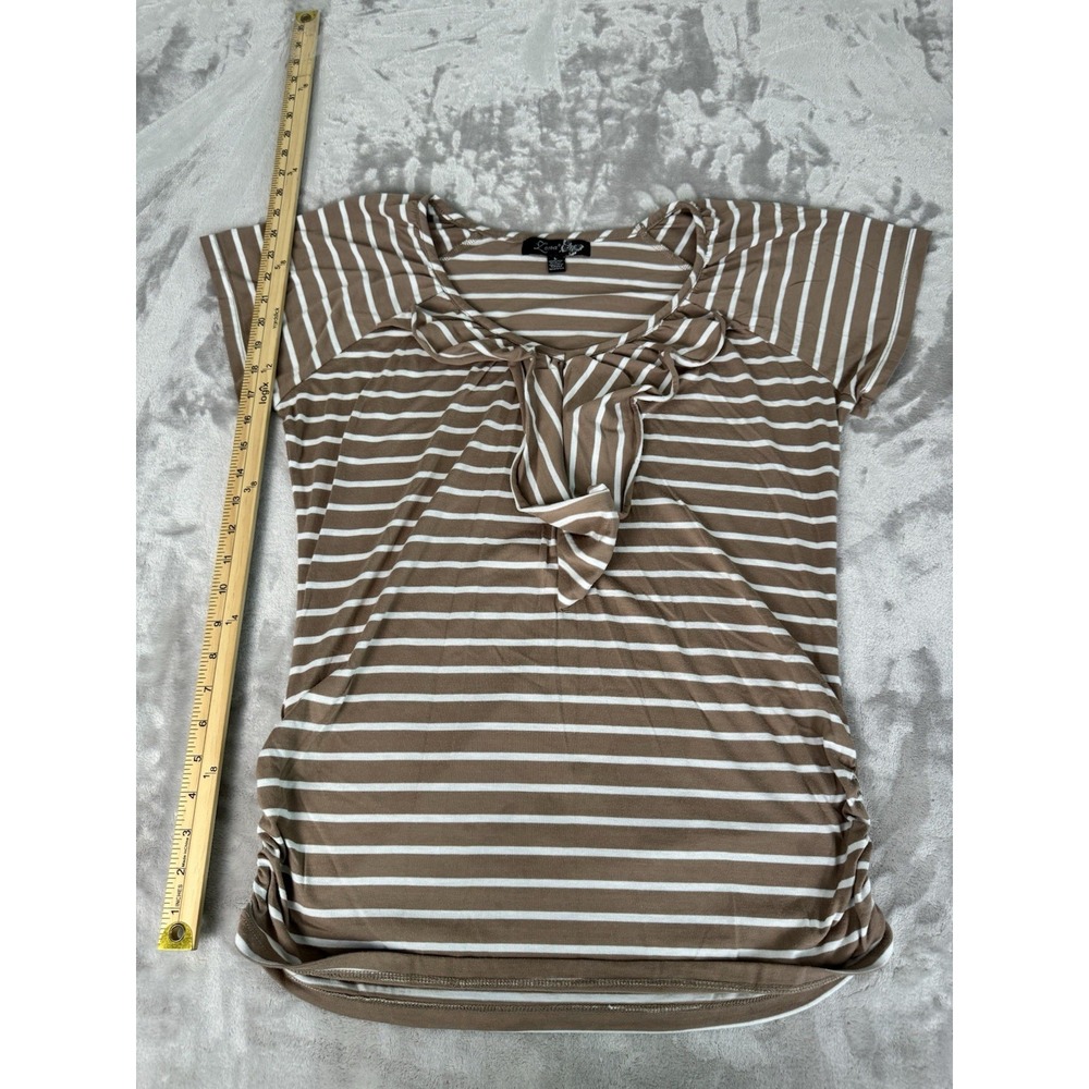 French Laundry Short Sleeve Shirt Ruffle Front Brown White striped Large